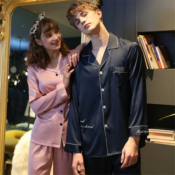 ペア夏レディースパジャマ合成シルク長袖男女2着セット春シルクセットアップ長袖2点セット高級