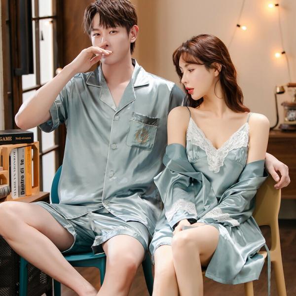 ペア夏レディースパジャマ合成シルク半袖男女2着セットセットアップネグリジェ半袖2点セット2点セット高...