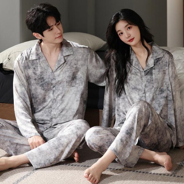 ペア夏レディースパジャマ合成シルク長袖男女2着セットシルクセットアップ長袖高級2点セット高級