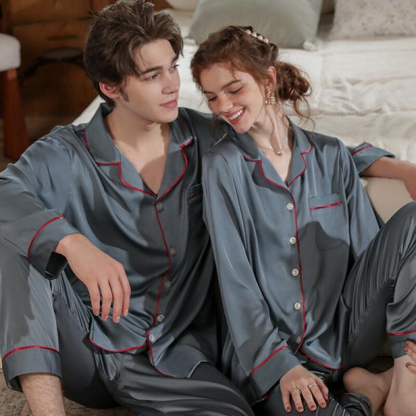 ペア夏レディースパジャマ合成シルク長袖男女2着セット春大きいサイズゆったり無地2点セット高級