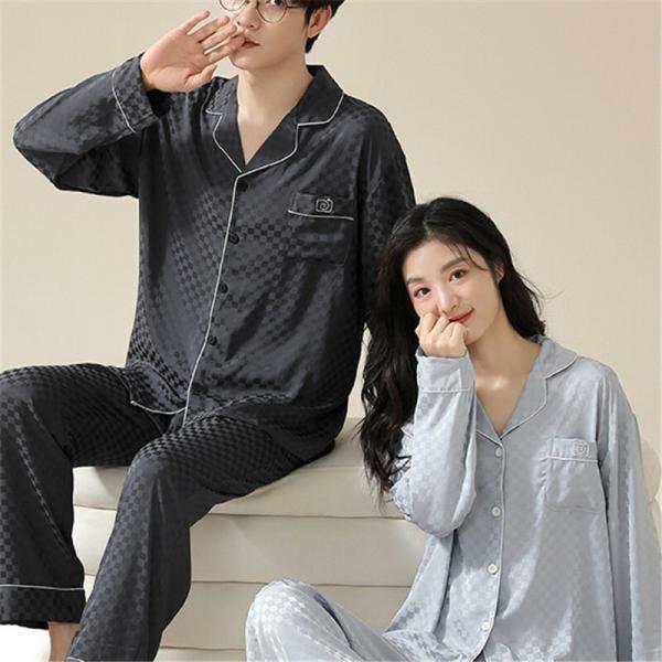 ペア薄手夏パジャマ合成シルク長袖男女2着セットシルク大きいサイズ前開き秋レディース2点セット
