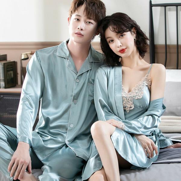 ペアネグリジェパッド付きパジャマ合成シルク長袖男女2着セットシルクセットアップ春秋夏レディース