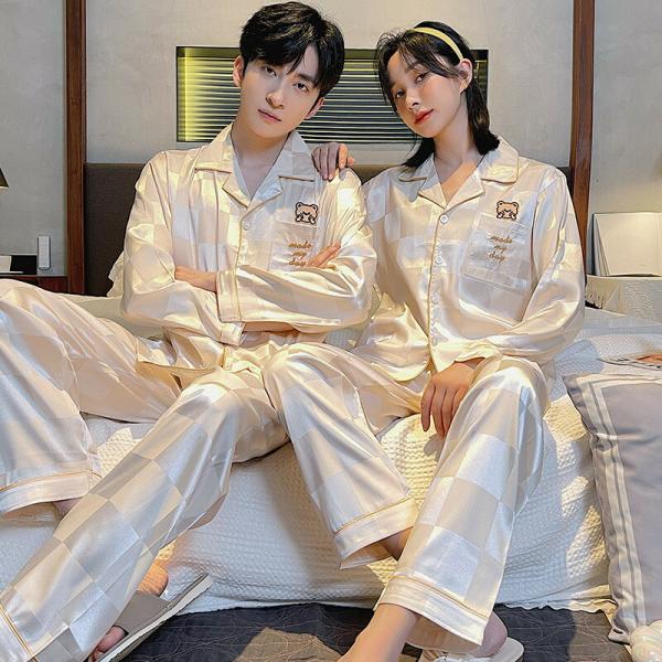 ペア秋薄手パジャマ合成シルク長袖男女2着セットセットアップゆったり前開き春高級夏