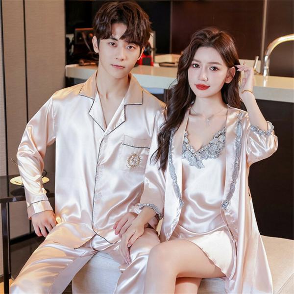 ペアネグリジェ高級パジャマ合成シルク長袖男女2着セットシルクキャミワンピ春秋夏レディース