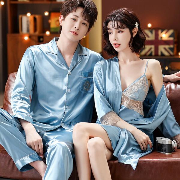 ペアシンプルレースパジャマ合成シルク長袖男女2着セットシルクセットアップ春秋夏レディース