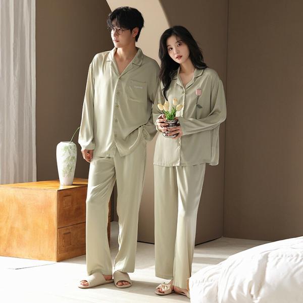 ペア薄手夏パジャマ合成シルク長袖男女2着セットセットアップ前開き春秋レディース2点セット