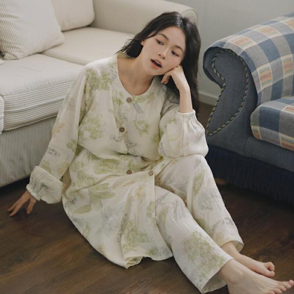 マタニティパッド付きマタニティパジャマ前開き長袖春ワンピース産後マタニティ綿薄手ルームウェア授乳