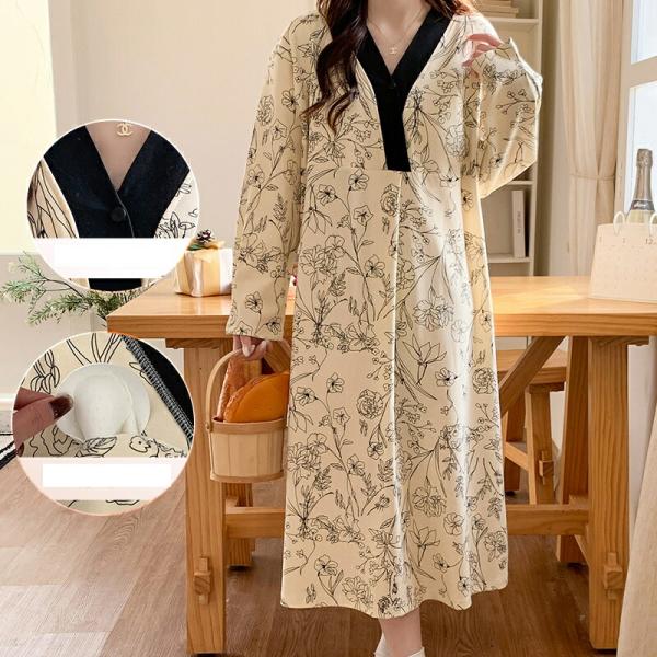 マタニティ授乳パジャマパジャマ長袖春ワンピース大きいサイズパンツ2点セットパッド付きルームウェア春夏...