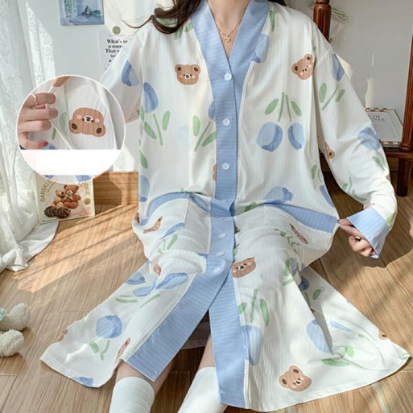 マタニティルームウェア授乳パジャマ前開き長袖春産後マタニティネグリジェワンピースマタニティパジャマ春...