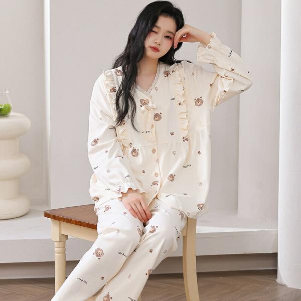 マタニティルームウェア授乳パジャマ前開き長袖春産後セットアップマタニティ綿マタニティパジャマ春夏