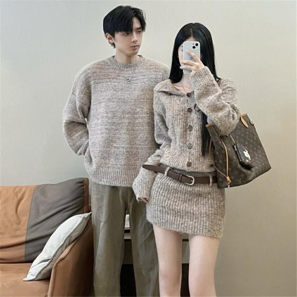 ペアルックペアルックカップルセーター春秋レディーススリムフィット着痩せ秋冬ニットワンピースお揃い服