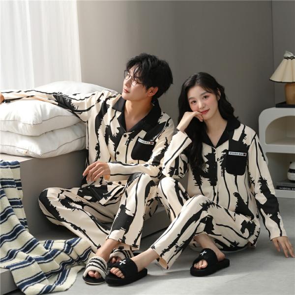 ペアカップルペアパジャマ長袖男女2着セット春前開き高級ファッションカジュアルルームウェア春秋