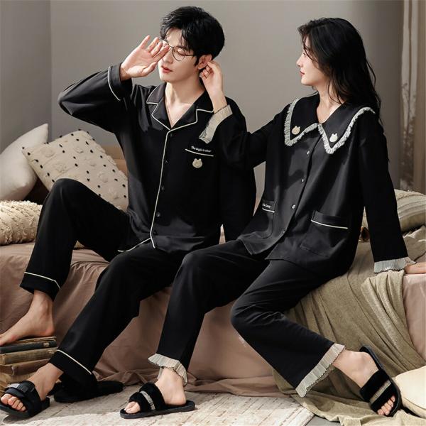 ペアカップルペアパジャマ長袖男女2着セット春前開き無地姫系着痩せルームウェア春秋