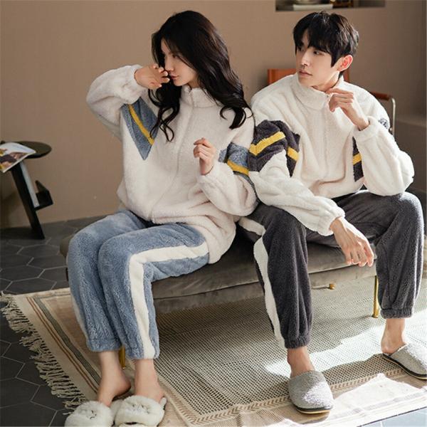 ペアパジャマカップルペア冬モコモコ男女2着セット前開き長袖パッチワークスタイル韓国風おしゃれルームウ...
