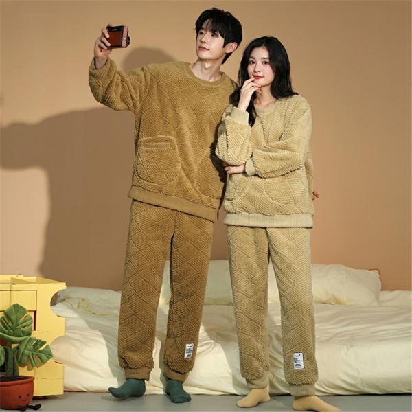 ペアパジャマペアルームウェア冬モコモコ男女2着セット長袖無地シンプル柔らかいカップルレディースパジャ...