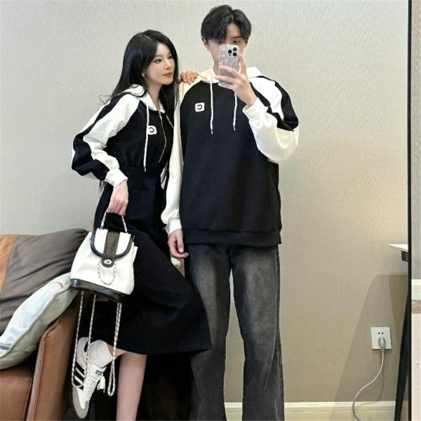 ペアルックカップルお揃いメンズブランドパーカーワンピースレディースパッチワークスタイルファッション韓...