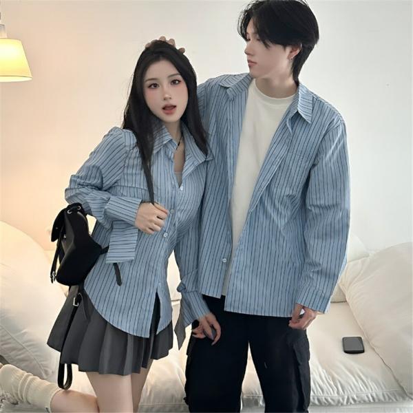 ペアルックブランドペアルックレディースシャツメンズブランドストライプシンプル韓国風秋冬カップルお揃い