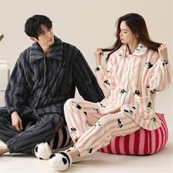 ペアパジャマカップルペア冬モコモコ男女2着セット前開き長袖パンダ可愛いストライプルームウェアレディー...