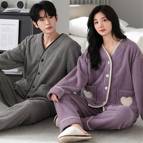 ペアパジャマカップルペア冬モコモコ男女2着セット長袖前開きVネックカジュアル可愛いルームウェアペア