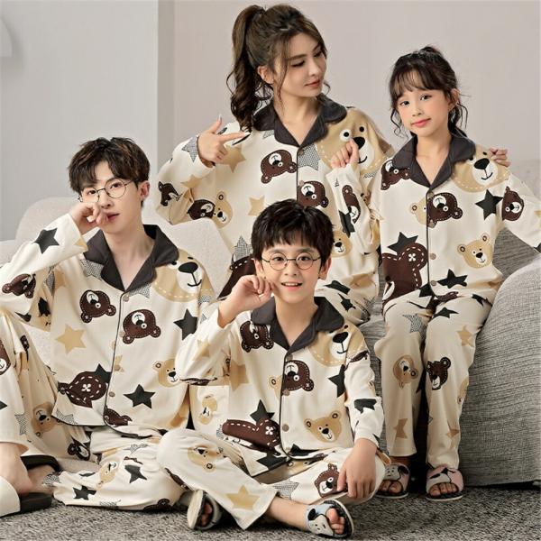 親子ペアパジャマキッズパジャマ長袖前開き綿100%星クマかわいい親子ペア春秋