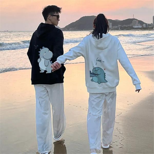 ペアルックカップルお揃いパーカー裏起毛恐竜可愛いシンプル秋冬ブランドペアルック服レディース