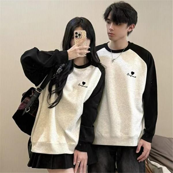 ペアルックお揃い服トレーナーハートパッチワークスタイルシンプル秋冬ブランドペアルックカップルレディー...