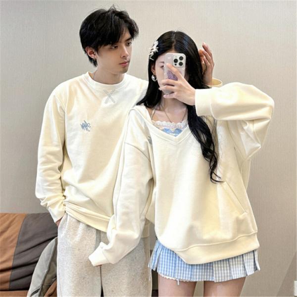 ペアルックお揃い服メンズブランドトレーナーレディース無地韓国風ゆったりペアルックカップルトップスクリ...