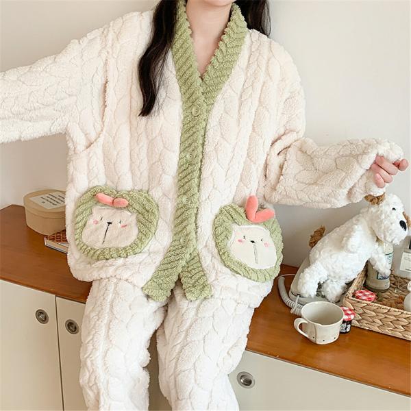 マタニティ授乳口付きパジャマ冬モコモコうさぎかわいいシンプル長袖マタニティルームウェアウエスト調節パ...