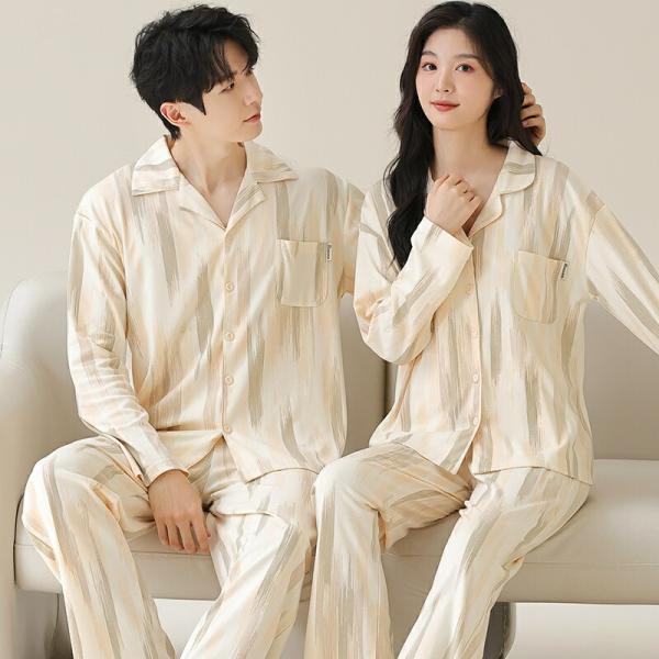 ペアカップルペアパジャマ長袖男女2着セット秋冬前開きタイダイファッションルームウェア結婚祝い