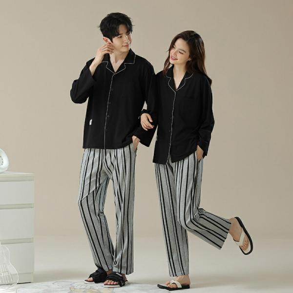 ペアカップルペアパジャマ長袖男女2着セット秋冬前開き無地シンプルルームウェア春秋