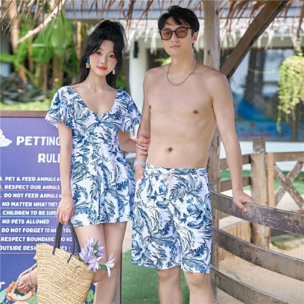 ペア水着ワンピースタイプ体型カバーカップル水着ペアレディースワンピースインナーパンツ付きメンズサーフ...