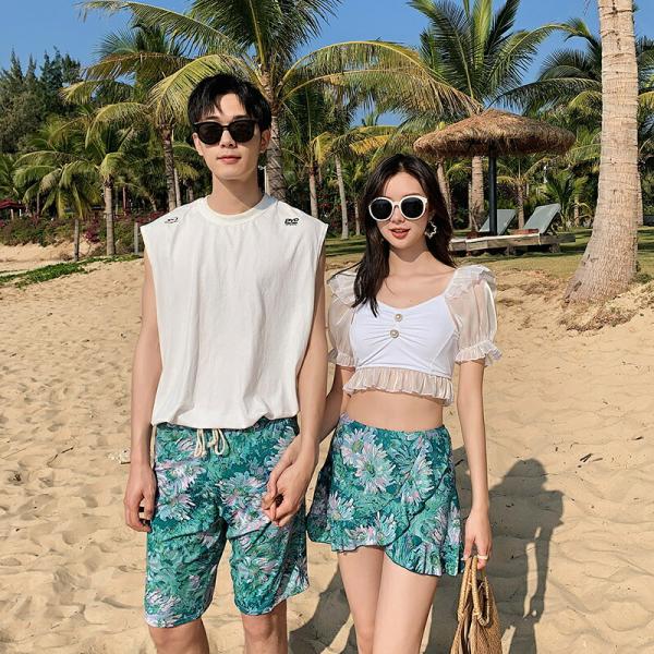 ペア水着メンズサーフパンツカップル水着ペアレディース2点セットブラースカートインナーパンツ付き男性用...