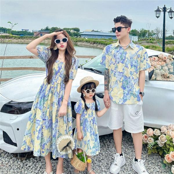 親子赤ちゃん親子ペアルックペアルックシャツワンピースペアフラワーシンプルカジュアル夏服親子コーデペア...