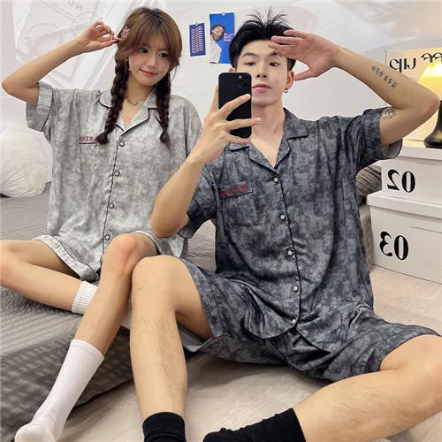 ペアメンズパジャマパジャマ合成シルク半袖男女2着セット夏レディース高級サテン結婚祝いプレゼント