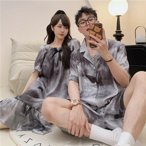 ペアサテンメンズパジャマ合成シルク半袖男女2着セット夏レディースワンピース高級パジャマ結婚祝い