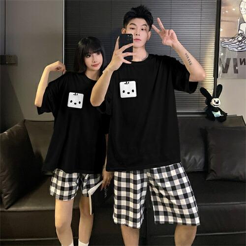 ペアレディース綿パジャマ半袖夏男女2着セットメンズルームウェアパジャマ春夏ペアパジャマギフト