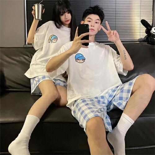 ペアレディース綿パジャマ半袖夏男女2着セットメンズルームウェアパジャマ春夏ペアパジャマギフト