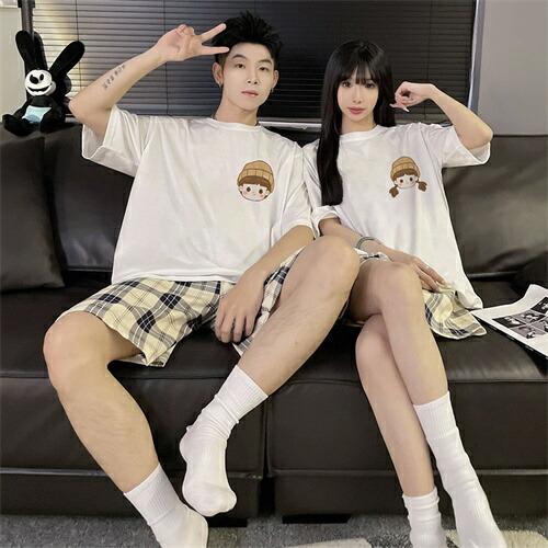 ペアレディース綿パジャマ半袖夏男女2着セットメンズルームウェアパジャマ春夏ペアパジャマギフト