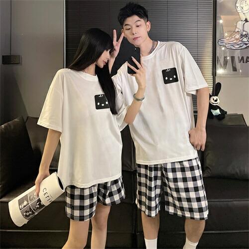 ペアレディース綿パジャマ半袖夏男女2着セットメンズルームウェアパジャマ春夏ペアパジャマギフト
