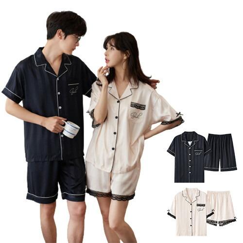 ペアサテンメンズパジャマシルク半袖夏黒ベージュレディースパジャマ高級パジャマ結婚祝い
