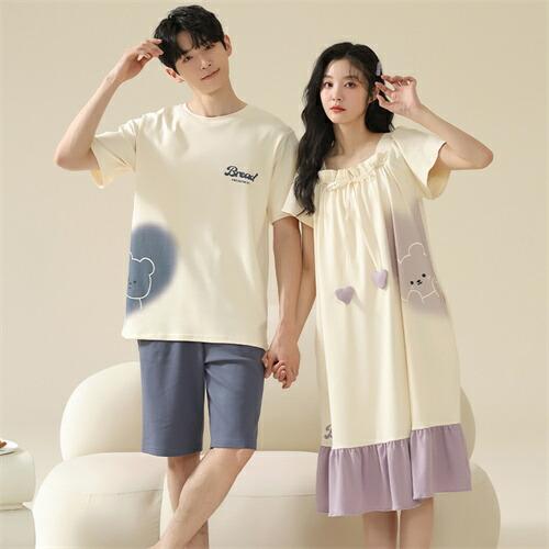 ペアレディースワンピースパジャマ半袖夏男女2着セットメンズルームウェアパジャマ春夏綿100%ペアパジ...