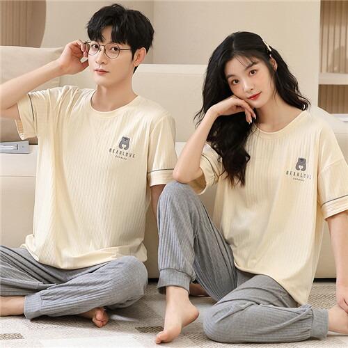ペアレディース綿パジャマ半袖夏男女2着セットメンズルームウェアパジャマ春夏ペアパジャマギフト