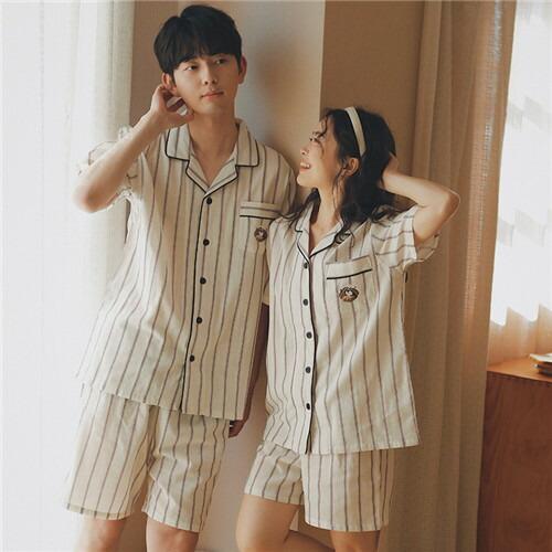 ペア春夏レディースパジャマ半袖夏男女2着セットメンズルームウェアパジャマ前開き綿100%ペアパジャマ