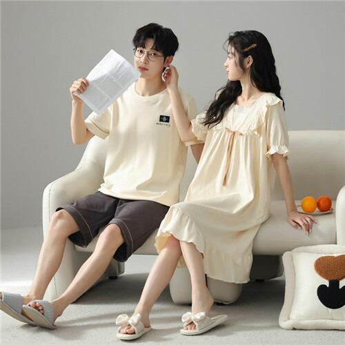 ペアレディースワンピースパジャマ半袖夏男女2着セットメンズルームウェアパジャマ春夏綿100%ペアパジ...