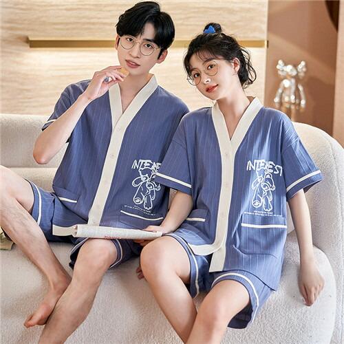 ペア春夏レディースパジャマ半袖夏男女2着セットメンズルームウェアパジャマ前開き綿ペアパジャマ