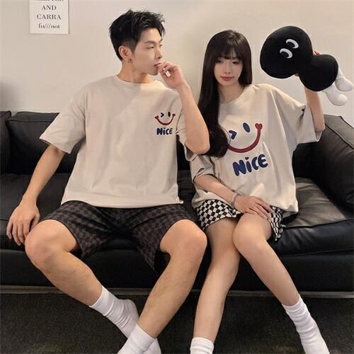 ペアレディース綿パジャマ半袖夏男女2着セットメンズルームウェアパジャマ春夏ペアパジャマギフト