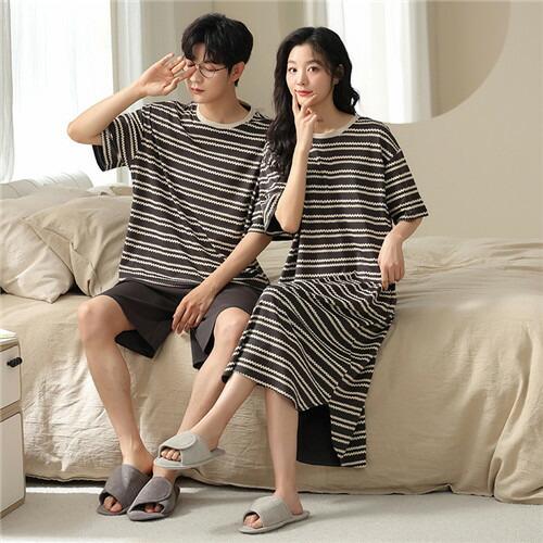 ペアレディースワンピースパジャマ半袖夏男女2着セットメンズルームウェアパジャマ春夏ペアパジャマギフト