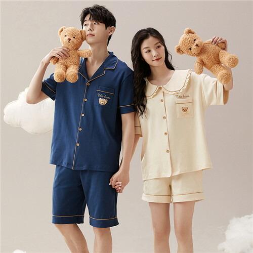 ペア春夏レディースパジャマ半袖夏男女2着セットメンズルームウェアパジャマ前開き綿ペアパジャマ