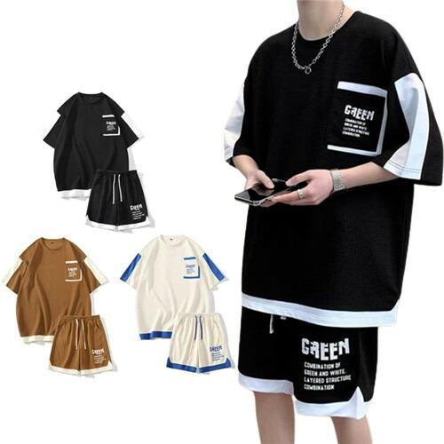 ジャージカジュアルメンズ上下メンズ夏半袖黒白ブラウン上下2点セットおしゃれセットアップ