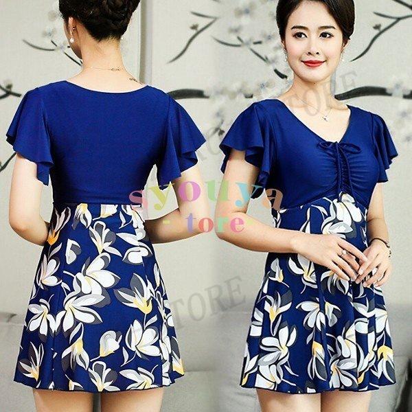 水着 レディース 大きいサイズ 夏らしいマリン風花柄 スイムウェア ママ水着 大きいサイズ 水着ワン...